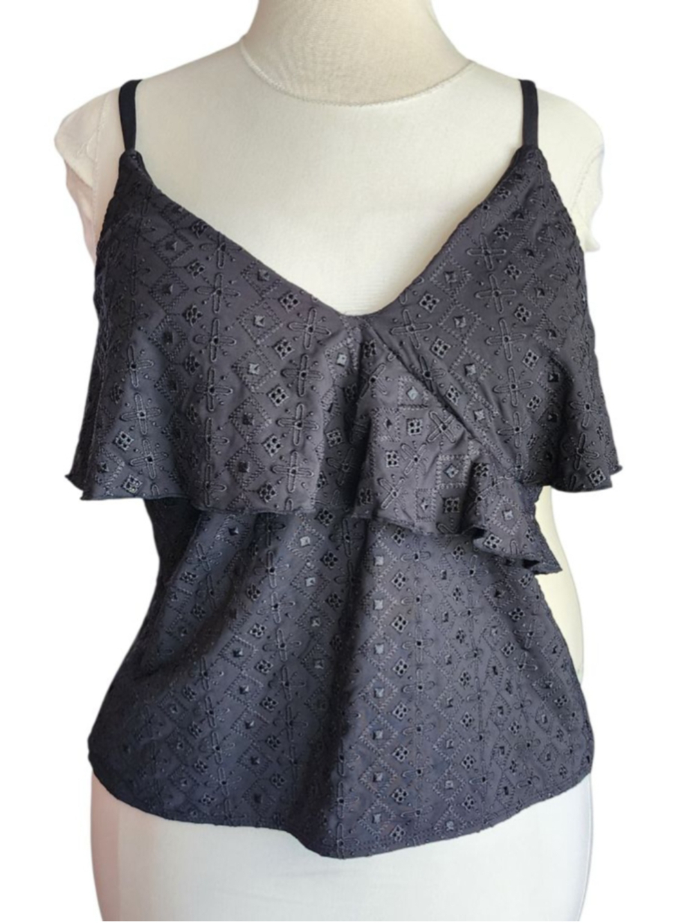 Black Eyelet Ruffle Camisole Top Large Lace Up Back Tassel Boho Time and Tru